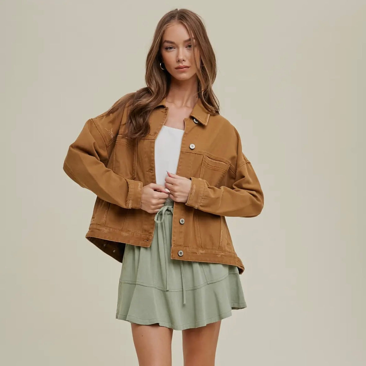 Washed Denim Jacket in Camel