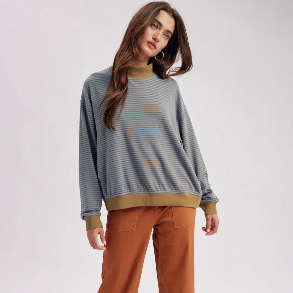Striped Mock Neck Long Sleeve Knit Top - Camel / Blue