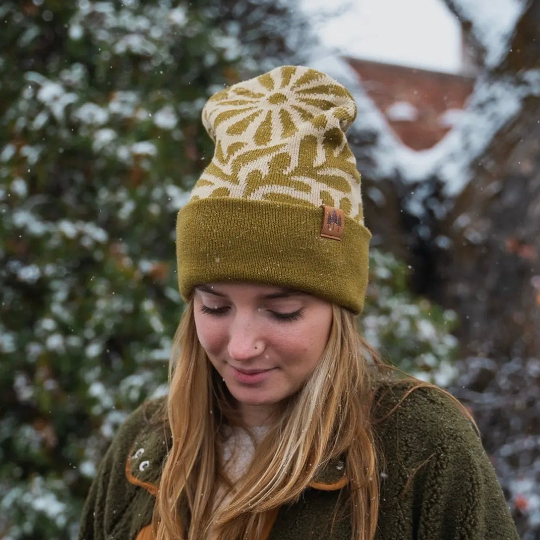 The Montana Scene Floral Pattern Fold Over Beanie - Olive