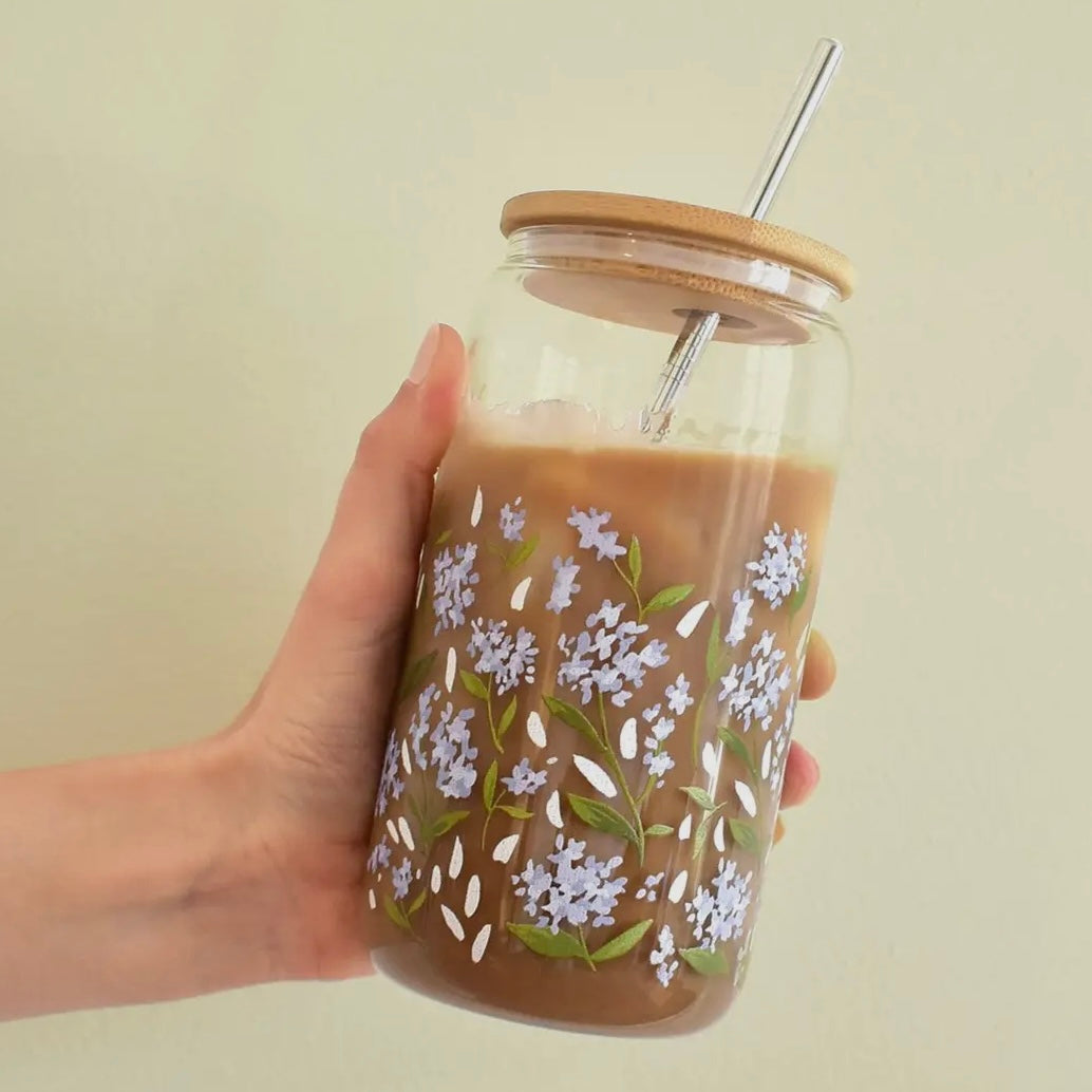 Printed Glass Coffee Cup with Lid