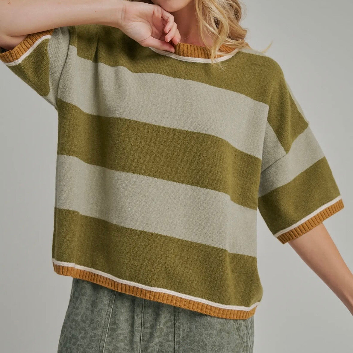 Wide Stripe Loose Fit Drop Shoulder Sweater - Sage/Olive