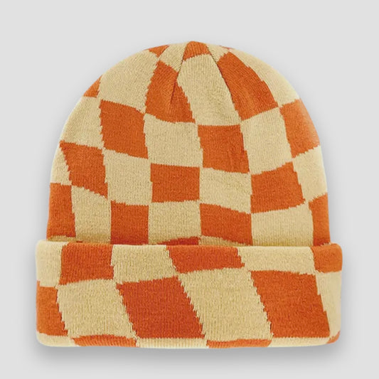 Retro Checkerboard Knit Beanie in Orange and Cream