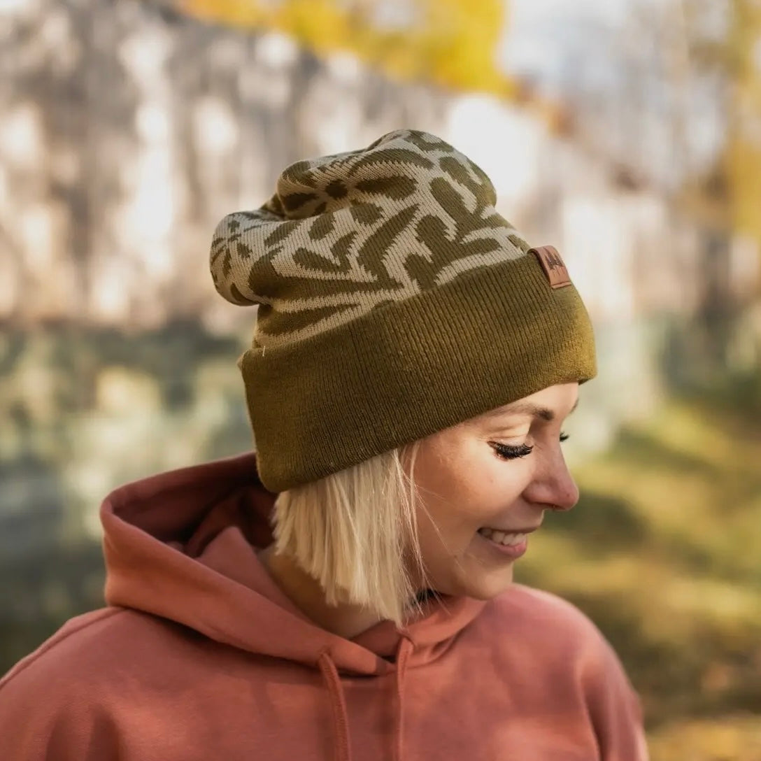 The Montana Scene Floral Pattern Fold Over Beanie - Olive