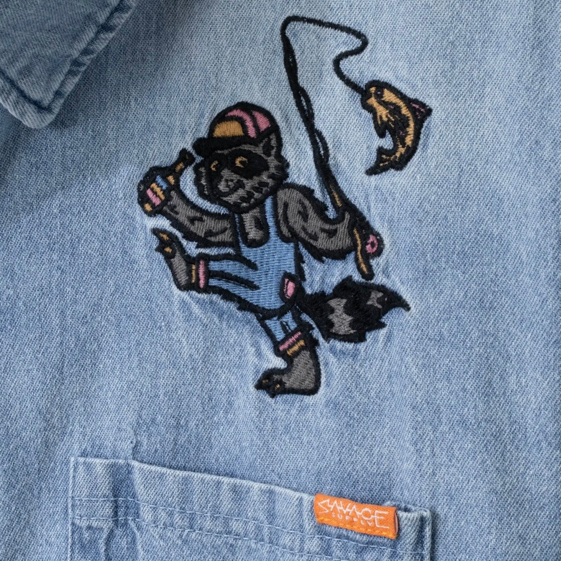 Savage Supply Dancing Raccoon Roamin' Long Sleeve Button Down - Washed Denim