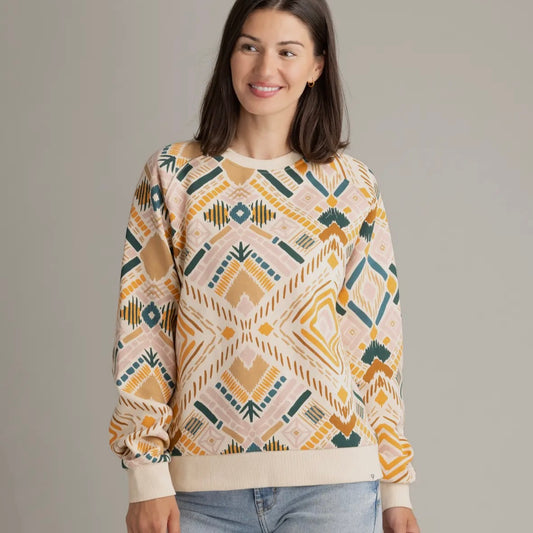 LIV Outdoor Women's Gabriella Graphic Raglan Crew in Macadamia Mosaic Aztec