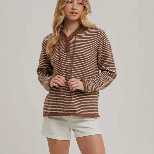 Henley Sweater with Hood in Mocha/Cream