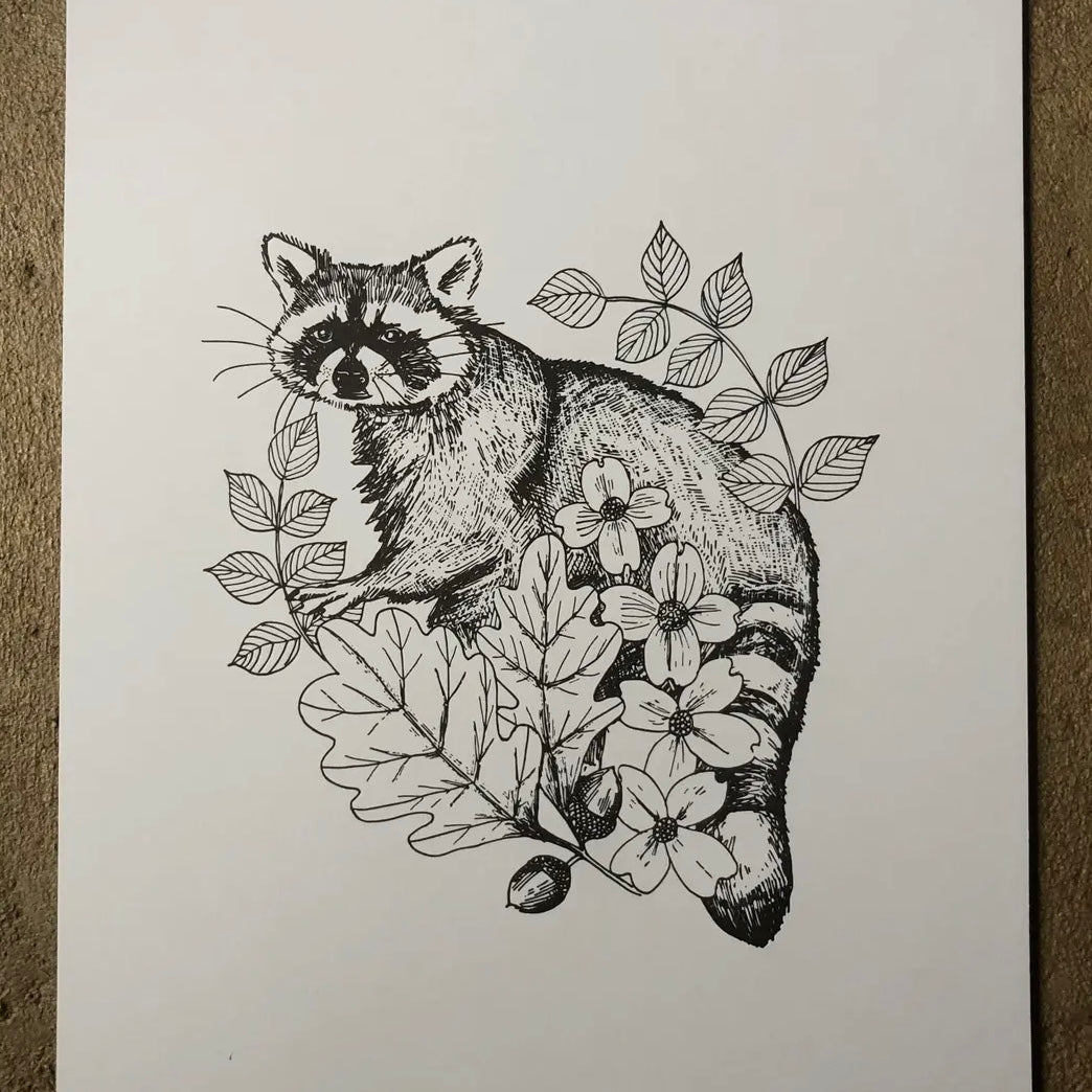 Ratbee Press 11" X 14" Raccoon and Native Plants Print