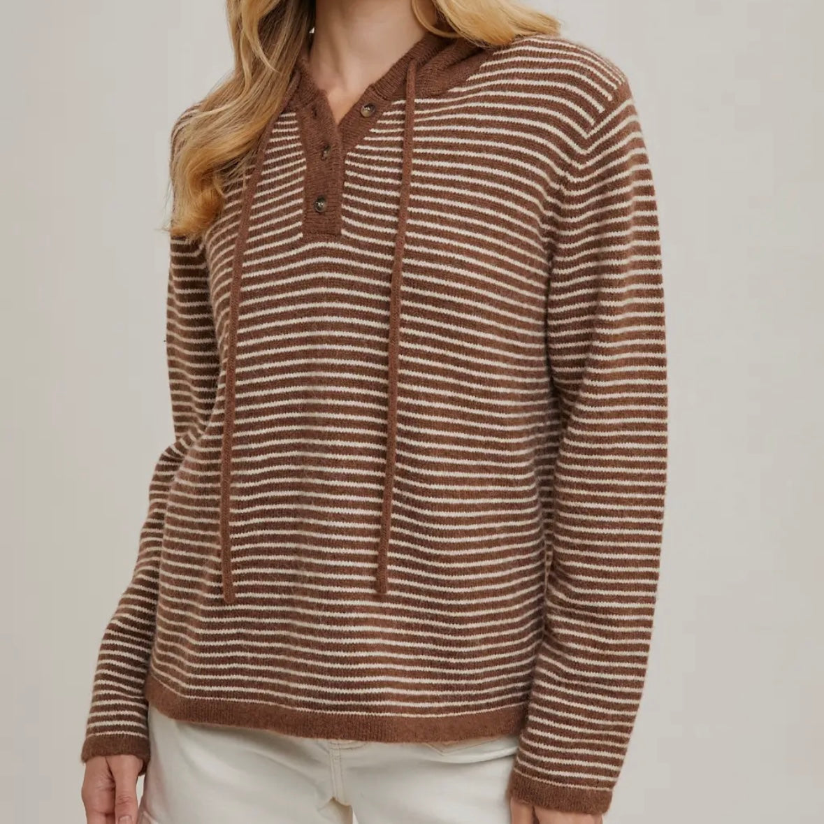 Henley Sweater with Hood in Mocha/Cream