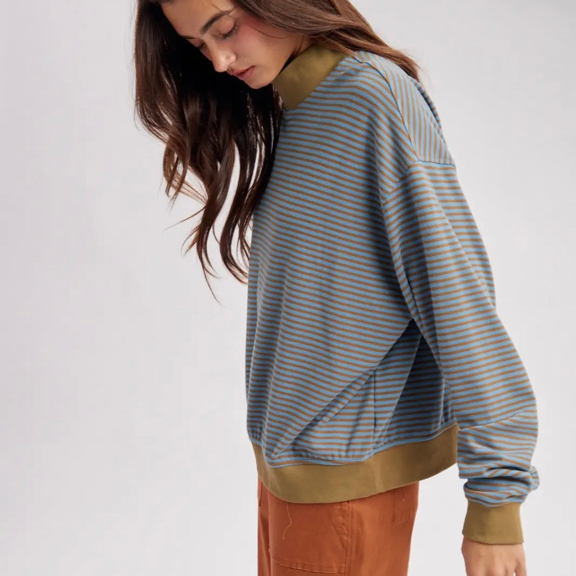 Striped Mock Neck Long Sleeve Knit Top - Camel / Blue