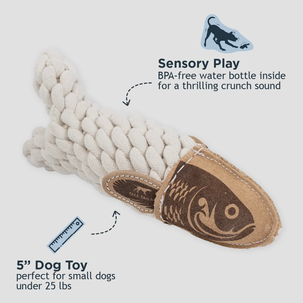 Natural Leather Crunch Fish Rope Dog Toy