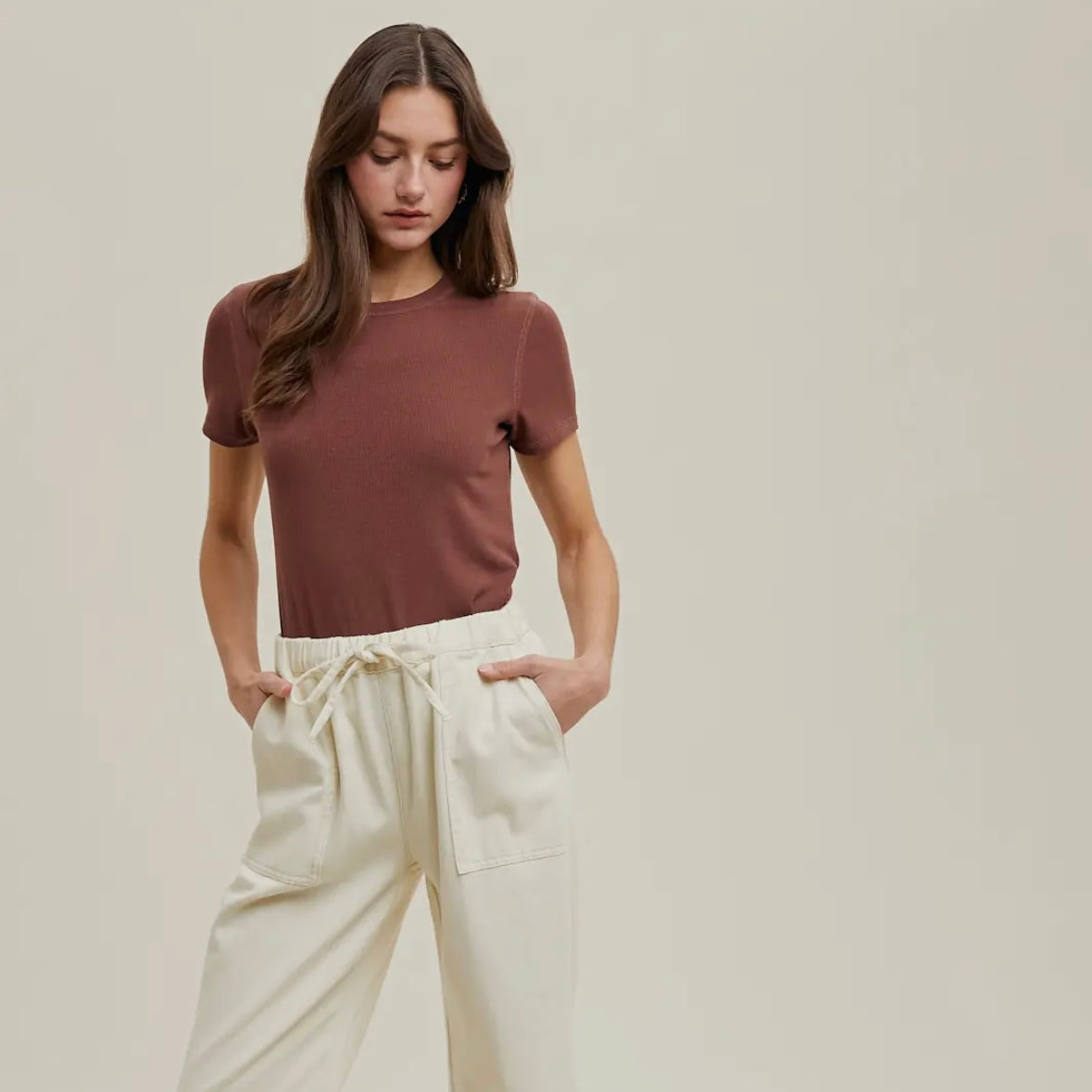 Ribbed Knit Basic T-Shirt in Espresso
