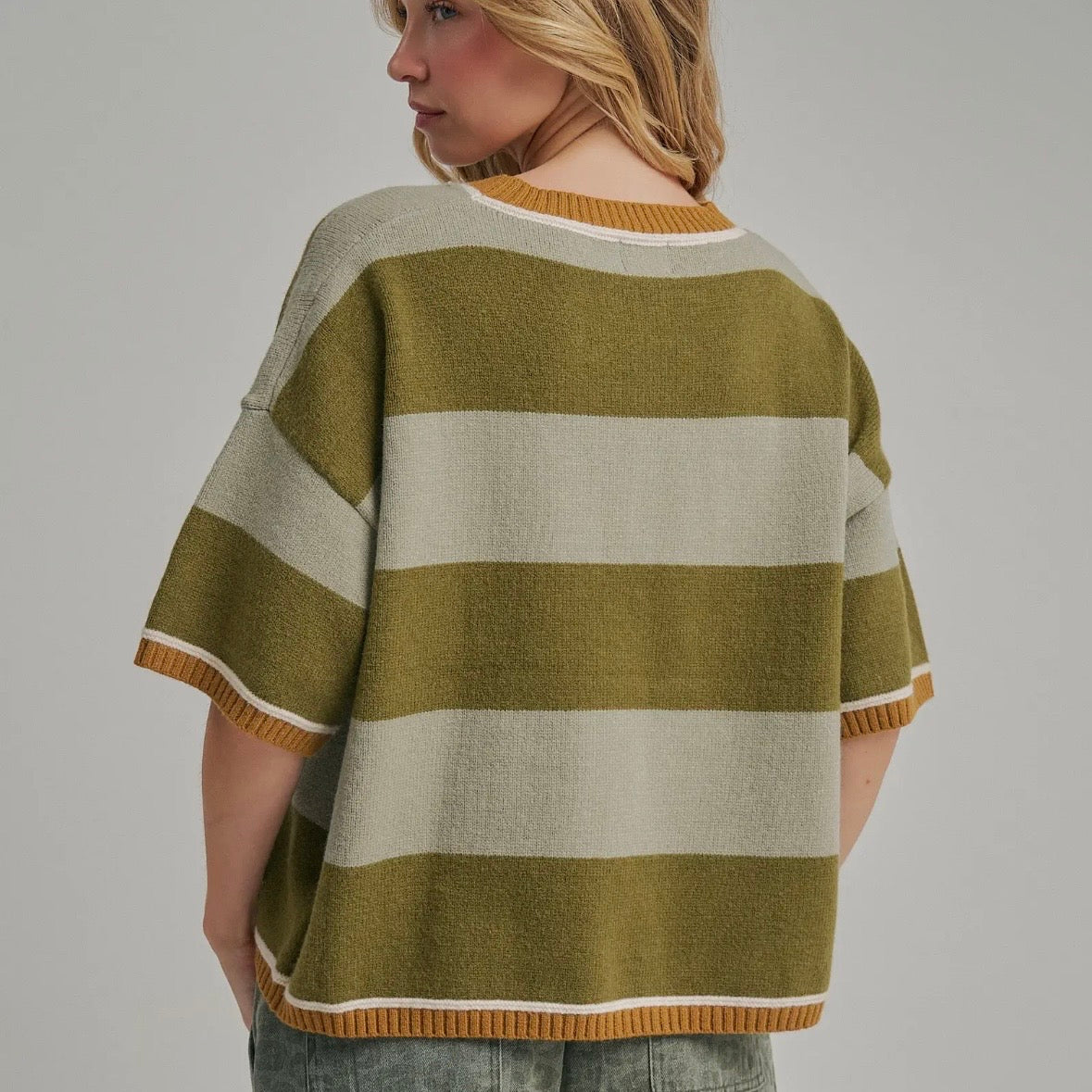 Wide Stripe Loose Fit Drop Shoulder Sweater - Sage/Olive