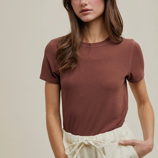 Ribbed Knit Basic T-Shirt in Espresso