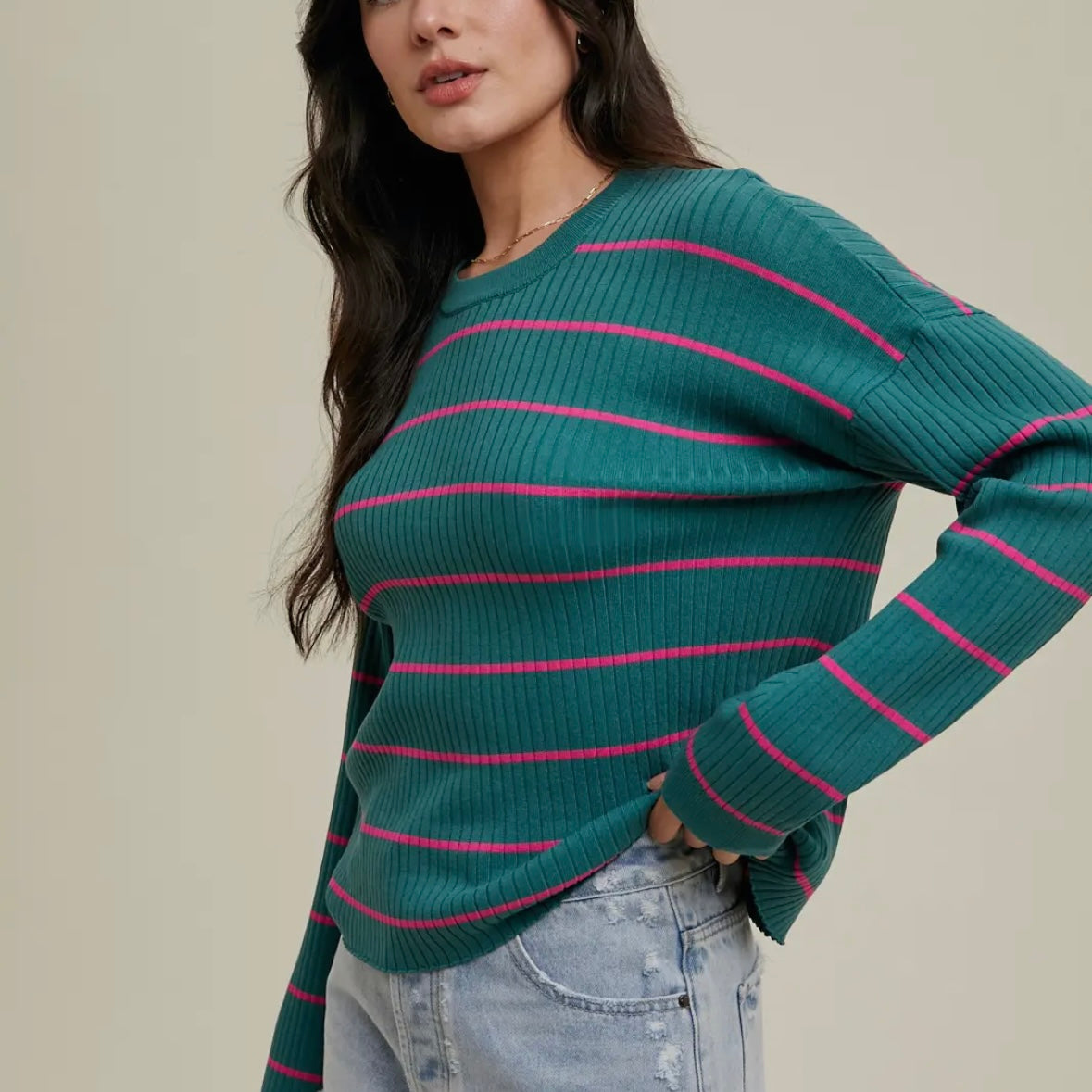 Striped Basic Ribbed Knit Sweater in Teal/Pink