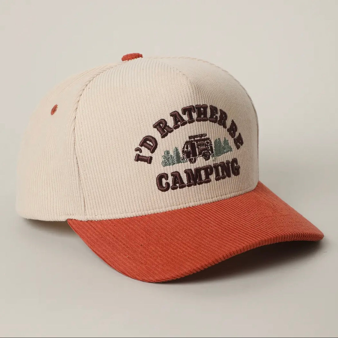 I'd Rather Be Camping 3D Embroidered Corduroy Trucker Hat
