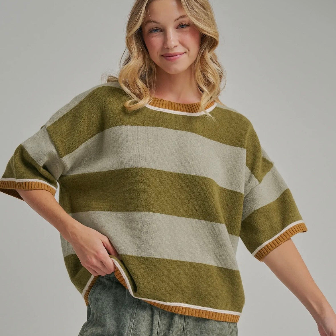 Wide Stripe Loose Fit Drop Shoulder Sweater - Sage/Olive