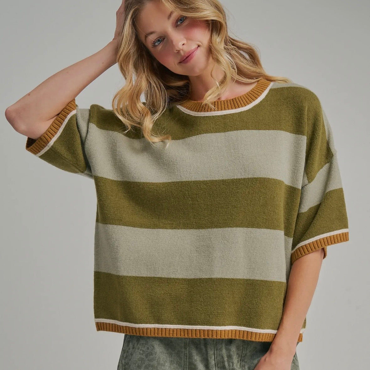 Wide Stripe Loose Fit Drop Shoulder Sweater - Sage/Olive