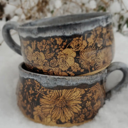 Turtle Hollow Pottery Flower Garden Soup Bowl in Snow Storm Glaze