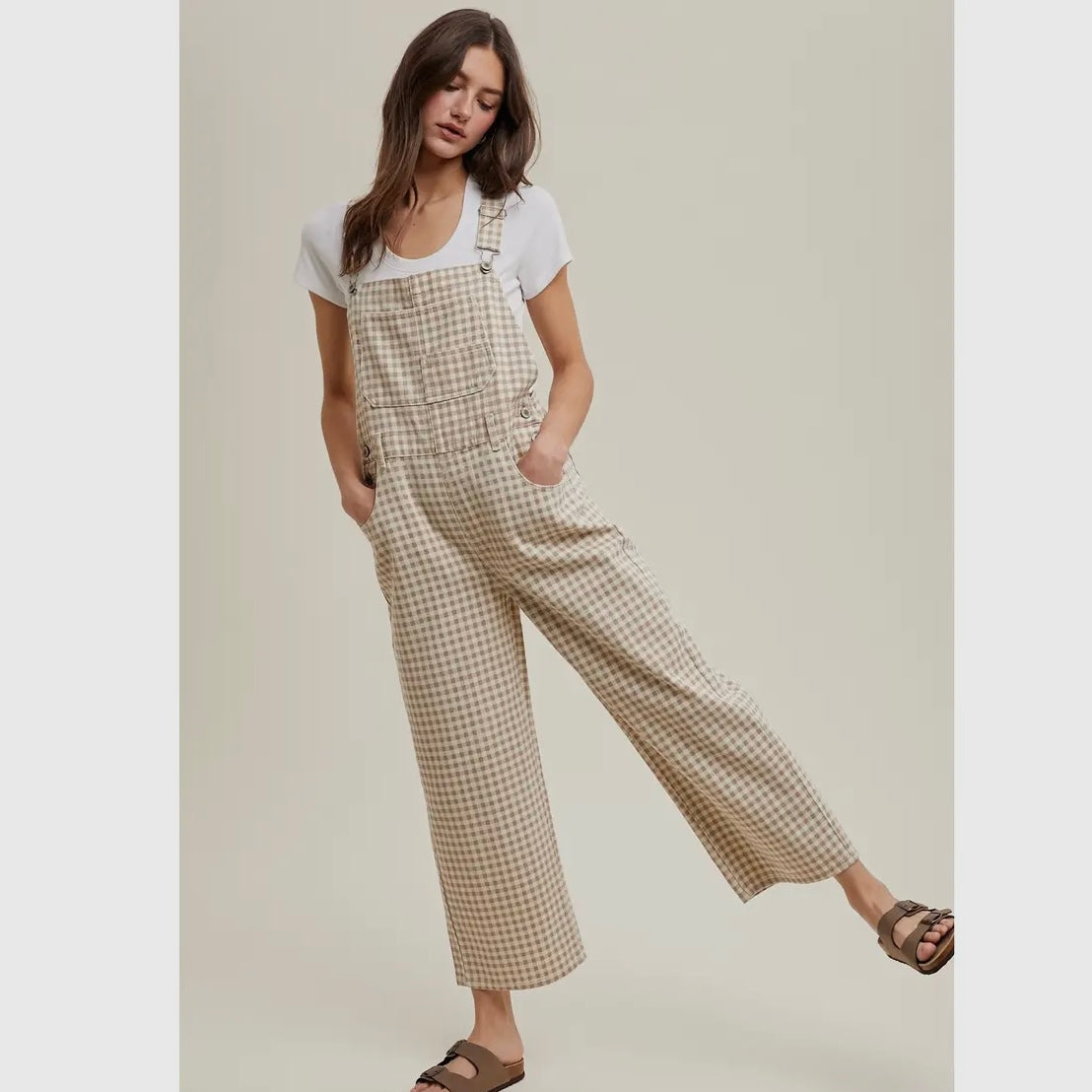 Gingham Denim Overall in Cream/Taupe