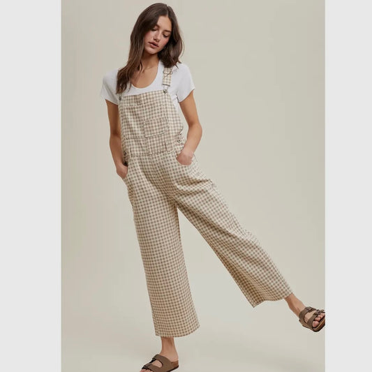 Gingham Denim Overall in Cream/Taupe