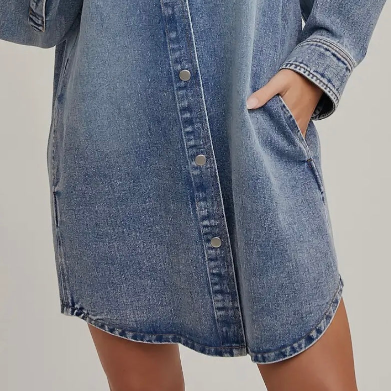 Denim Button Down Shirt Dress with Pockets